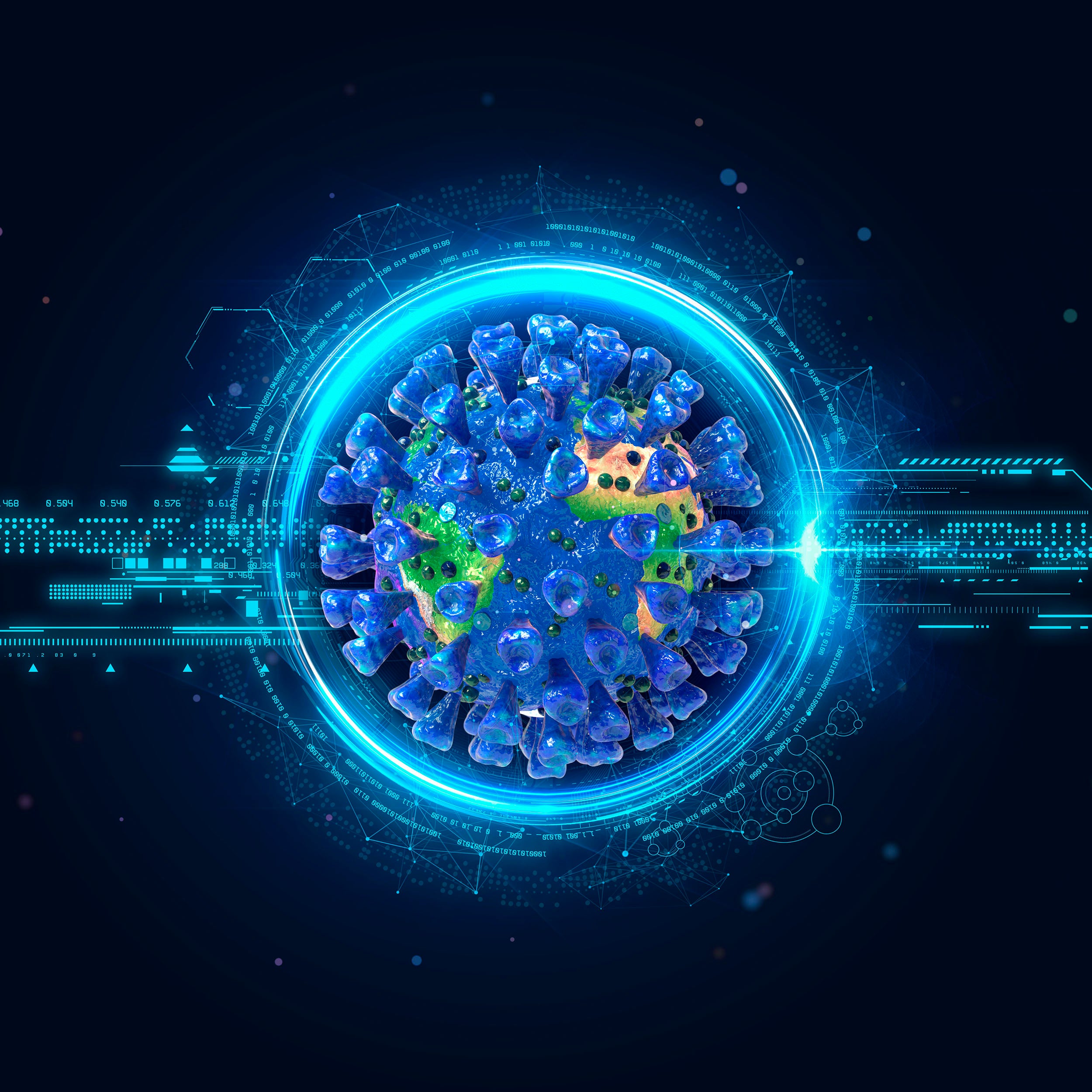 Illustration of binary code overlaying coronavirus-shaped globe.