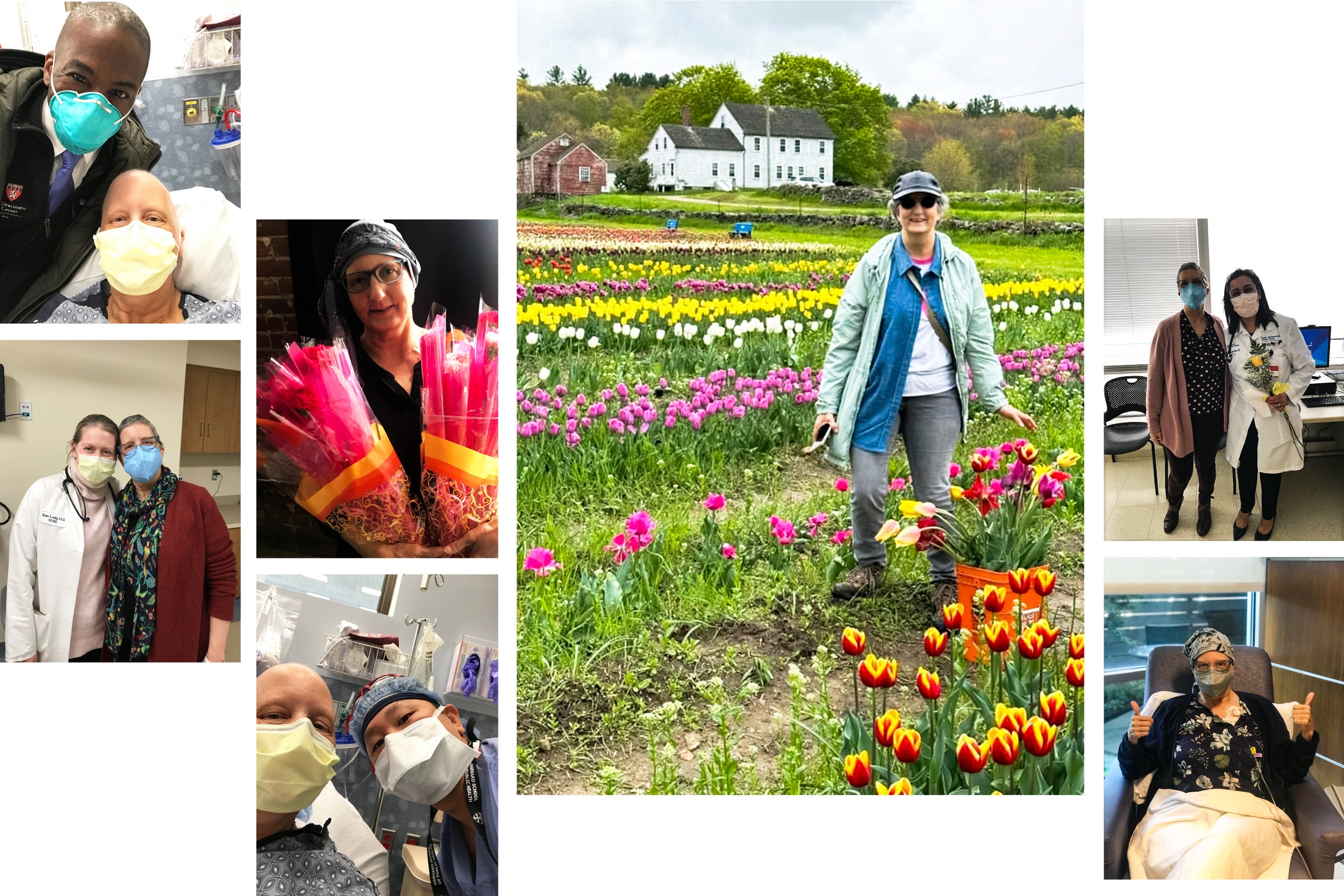 Collage of photos of Bobbie Collins and oncology team during different stages of cancer treatment.